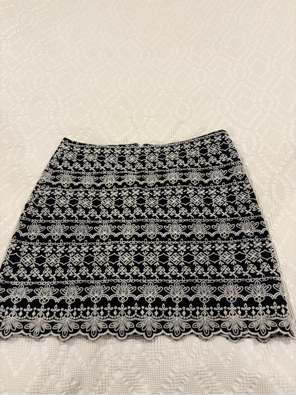 LOFT Black Mini Skirt with White Embroidered Lace Pattern